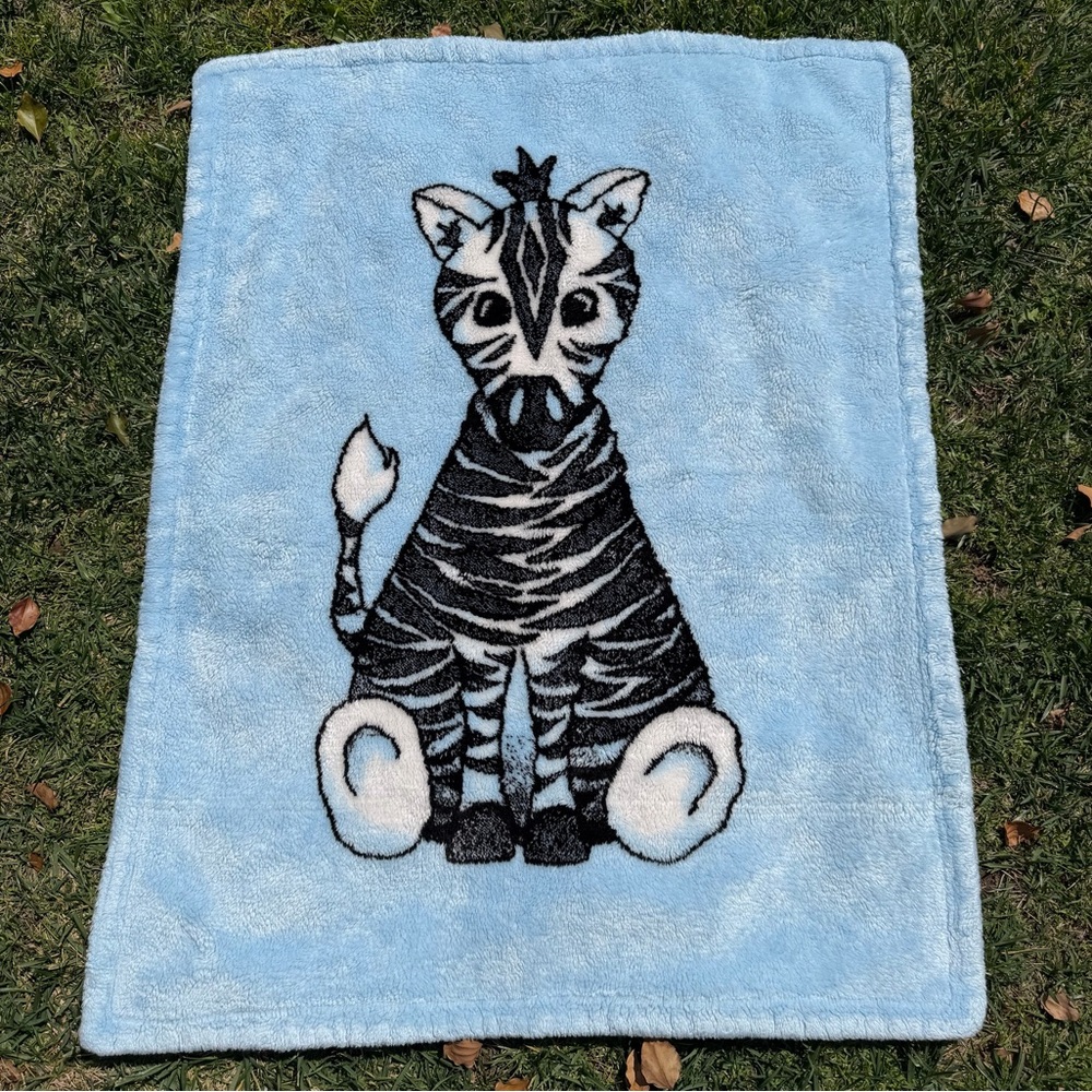 Y2K Denali Collection Blue Zebra Plush Fleece Baby Security Blanket USA 26x35